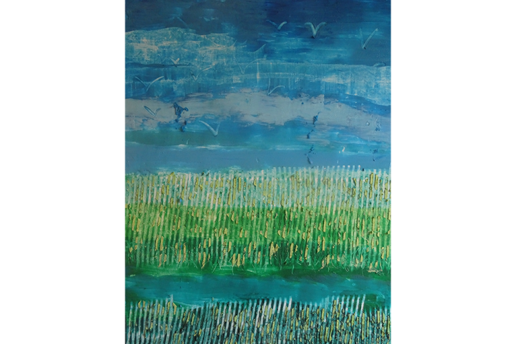 Toile fait a base de beurre, bleu et vert, œuvre participative, qui donne la possibilité au spectateur de creuser dans la matière